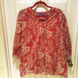 Karen Scott Paisley Blouse, Earthy Red Tones, Size XL, 100% Cotton